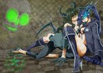  belt bikini_top black_legwear black_rock_shooter black_rock_shooter_(character) blue_hair boots breasts chain checkered cleavage cross dead_master demon_wings dress gloves glowing green_eyes green_hair hands high_heels hood hoodie horns katana leggings long_hair medium_breasts midriff multiple_girls navel sakura_(superbunnys) shoes skull spandex star sword weapon wings yuri zipper 