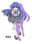  blue_hair furude_rika higurashi_no_naku_koro_ni hishou_kotatsu leaning_forward long_hair purple_eyes socks solo 