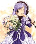  aria_(sister_princess) bouquet chin_strap dress drill_hair floral_background flower frilled_dress frilled_sleeves frills hairband highres lolita_fashion lolita_hairband long_hair long_sleeves looking_at_viewer one_eye_closed plant purple_hair red_eyes rose sister_princess solo tears tenhiro_naoto vines white_flower white_rose wiping_tears 