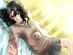  amagami bed black_hair curtains dutch_angle green_eyes holding_hands lying messy_hair on_back open_collar out_of_frame pillow pov pov_hands ririclub sketch skirt smile solo_focus sunlight sweater tanamachi_kaoru v-neck 