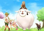  2girls animal blonde_hair blue_eyes blue_sky bow brown_eyes brown_hair character_request coon_hat cotton_candy day deian dog fleta grass hat long_hair mabinogi multiple_girls outdoors oversized_animal paw_shoes rarako riding sheep shoes short_hair short_sleeves shorts skirt sky tree twintails 