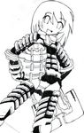  1girl armor commissar-nyoron dead_space genderswap gun invader isaac_clarke lowres monochrome plasma_cutter science_fiction scifi short_hair smile solo weapon 