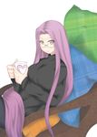  bad_id bad_pixiv_id breasts casual chair cup denim fate/stay_night fate_(series) glasses jeans large_breasts long_hair nullmoji pants pillow purple_eyes purple_hair rider solo very_long_hair 
