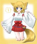  adapted_uniform animal_ears artist_request barefoot blonde_hair blue_eyes copyright_request fox_ears fox_tail japanese_clothes kneeling miko non-web_source short_hair solo tail 