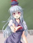  :o bad_id bad_pixiv_id bespectacled chalkboard foreshortening glasses hat kamishirasawa_keine long_hair mochi.f pointing purple_eyes red-framed_eyewear silver_hair solo touhou 