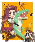  1boy 2girls bad_id bad_pixiv_id card card_with_aura chibi code_geass crocodile crocodilian crossover fingerless_gloves floating_card gloves izayoi_aki jaga_note jewelry jim_crocodile_cook kallen_stadtfeld laughing look-alike missing_teeth multiple_girls necklace skirt take_it_home thighhighs yuu-gi-ou yuu-gi-ou_5d's yuu-gi-ou_gx 