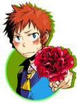  blue_eyes blue_vest blush braid brown_hair carnation closed_mouth cravat flower giving holding holding_flower hong_meiling if_they_mated izayoi_sakuya kyouno looking_at_viewer male_focus mother's_day red_carnation red_flower red_hair shirt single_braid solo spiked_hair sweatdrop touhou upper_body vest wavy_mouth white_shirt 