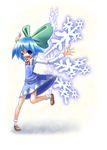  blue_eyes blue_hair bow cirno fang full_body hair_bow kuresento large_bow ribbon short_hair solo standing standing_on_one_leg touhou wings 