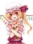  blonde_hair blood fangs flandre_scarlet flower hat object_hug one_side_up open_mouth ponytail red_eyes rie_(reverie) short_hair simple_background slit_pupils smile solo touhou upper_body wings 