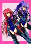  ahoge bad_id bad_pixiv_id blue_leotard gloves green_eyes jacket leotard long_hair lyrical_nanoha mahou_shoujo_lyrical_nanoha_strikers multiple_girls nove_(nanoha) numbers_(nanoha) ponytail purple_hair quint_nakajima red_hair revolver_knuckle sakazaki_akira very_long_hair yellow_eyes 