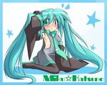  aqua_hair blush hatsune_miku long_hair oversized_clothes solo thighhighs twintails umesato_yukino very_long_hair vocaloid younger 