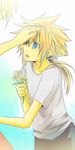  1girl blonde_hair blue_eyes cloud_strife final_fantasy final_fantasy_vii flower meru mother_and_son open_mouth ponytail smile younger 