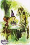  3girls amoretta_virgine bartido_ballentyne cup grimgrimoire highres kamitani_george lillet_blan margarita_surprise multiple_girls official_art postcard scan tea teacup 