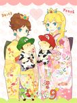  2boys 2girls alternate_hairstyle animal_print baby_luigi baby_mario bad_id bad_pixiv_id blonde_hair blue_eyes brown_hair character_name cow_print crown earrings hat japanese_clothes jewelry kimono luigi mario mario_(series) multiple_boys multiple_girls princess_daisy princess_peach shikanaka smile super_mario_bros. yoshi 