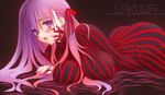  blush bodysuit breasts dark_sakura fate/stay_night fate_(series) hair_ribbon kuroda_akimi large_breasts long_hair lying matou_sakura on_stomach purple_eyes purple_hair ribbon saliva solo 