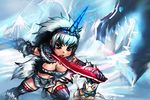  bow_(bhp) breasts cat cleavage dragon dual_wielding holding horn kirin_(armor) large_breasts long_hair monster monster_hunter silver_hair solo thighhighs 