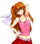  arm_behind_head armpits arms_up bare_shoulders belt blue_eyes breasts camisole casual cleavage coat collarbone hairu hand_on_hip long_hair medium_breasts midriff navel neon_genesis_evangelion orange_hair rebuild_of_evangelion shikinami_asuka_langley simple_background skirt solo souryuu_asuka_langley two_side_up white_background 