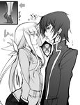  1boy 1girl ashford_academy_uniform bow c.c. code_geass cow creayus drunk greyscale lelouch_lamperouge long_hair milk monochrome school_uniform short_hair star 