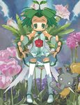  bug child dress eco-tan fingerless_gloves flower flower_request gloves green_eyes green_hair hands insect nature original outstretched_arms outstretched_hand plant reaching short_hair smile solo thighhighs tulip yuuki_(irodo_rhythm) 