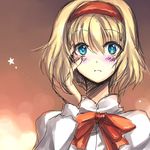  alice_margatroid blonde_hair blue_eyes blurry blush depth_of_field hairband hand_on_own_cheek hand_on_own_face onimaru_gonpei ribbon short_hair sketch solo surprised touhou 
