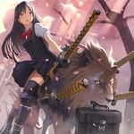  bag black_eyes black_hair black_legwear bookbag bow cherry_blossoms commentary_request highres katana light_rays lion long_hair mouth_hold original parted_lips riding scar school_uniform sheath sheathed shizuma_yoshinori sidesaddle skirt skirt_set sunbeam sunlight sword thighhighs tree weapon 