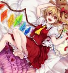  akaya barefoot blonde_hair duplicate fangs feet flandre_scarlet hair_ribbon lying one_side_up ponytail red_eyes ribbon short_hair solo stuffed_animal stuffed_toy teddy_bear touhou wings 