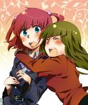  blue_eyes blush closed_eyes green_hair hair_bobbles hair_ornament hatsuka_nezumi hug jacket long_hair mammon multiple_girls red_hair stakes_of_purgatory twintails umineko_no_naku_koro_ni ushiromiya_ange 