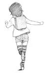  back backpack bag copyright_request denim denim_shorts from_behind girly_running greyscale monochrome running sawa_jaaji short_hair shorts solo striped striped_legwear thighhighs traditional_media 