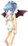  alwen_du_moonbria bat_wings bikini blue_bikini blue_hair breasts demon_wings facial_tattoo hair_ornament hand_on_own_chest looking_at_viewer navel pointy_ears ponytail red_eyes shimakusa_arou simple_background solo striped striped_bikini swimsuit tattoo white_background wings zwei!! zwei_2 