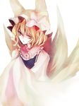  blonde_hair hat hina_(pico) long_sleeves multiple_tails pillow_hat short_hair solo tail touhou white_background wide_sleeves yakumo_ran yellow_eyes 