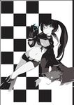  bad_id bad_pixiv_id bikini_top black_hair black_rock_shooter black_rock_shooter_(character) burning_eye checkered greyscale hood hoodie long_hair monochrome sakura_sora short_shorts shorts solo twintails uneven_twintails zipper 