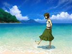  arms_behind_back bad_id bad_pixiv_id barefoot beach brown_hair cloud day feet hagiwara_yukiho hill idolmaster idolmaster_(classic) mountain ocean om_(carbohydratism) outdoors scenery sky solo wading water 
