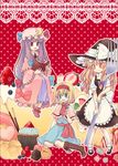  alice_margatroid blonde_hair blue_eyes book braid cupcake food fork fruit hairband hat in_food kirisame_marisa long_hair minigirl multiple_girls patchouli_knowledge purple_eyes purple_hair short_hair siva strawberry touhou witch_hat yellow_eyes 