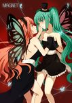  aqua_eyes aqua_hair aqua_nails bad_id bad_pixiv_id blush bug butterfly butterfly_wings dress eye_contact face-to-face fingerless_gloves gloves green_hair hairband hat hatsune_miku holding_hands insect long_hair looking_at_another magnet_(vocaloid) megurine_luka mini_hat mini_top_hat multiple_girls nail_polish pink_hair ribbon skirt top_hat twintails very_long_hair vocaloid wings xiangtu yuri 