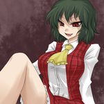  ascot breasts fang green_hair kazami_yuuka large_breasts naughty_face oro_(zetsubou_girl) plaid plaid_skirt plaid_vest red_eyes shaded_face short_hair sitting skirt skirt_set smile solo touhou vest 