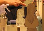  1boy 1girl bathroom blush cutting_hair haircut indoors long_hair mirror original paper_child papercraft photo sasaki_yukinojou 