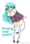  2009 animal_ears animal_print aqua_hair armpits bare_shoulders bent_over blue_eyes blush breasts chinese_zodiac cleavage cow_ears cow_girl cow_print happy horns kuroda_akimi large_breasts long_hair necktie new_year original skirt solo tail thighhighs v year_of_the_ox zettai_ryouiki 