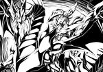  armor dark_magician_girl dark_magician_girl_the_dragon_knight duel_monster greyscale monochrome ozaneko red-eyes_b._dragon sharp_teeth sword teeth tongue weapon yuu-gi-ou 