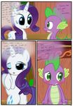 blue_eyes blush butt comic cub cutie_mark dialog dragon duo english_text equine feral friendship_is_magic fur green_eyes hair hi_res horn inside mammal my_little_pony one_eye_closed open_mouth pose presenting purple_hair purple_scales pyruvate raised_tail rarity_(mlp) slit_pupils spike_(mlp) spines text unicorn white_fur young 