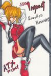  ;d arms_behind_head blonde_hair blue_eyes boots breasts character_name colored_pencil_(medium) copyright_name english excellen_browning garter_straps jacket jam_(ggsol) large_breasts marker_(medium) one_eye_closed open_clothes open_jacket open_mouth ponytail smile solo super_robot_wars super_robot_wars_impact thighhighs traditional_media 