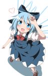  absurdres blue_dress blue_eyes blue_hair blush bow cirno do_(4-rt) dress fang hair_bow heart highres ice ice_wings looking_at_viewer looking_up open_mouth puffy_sleeves shirt short_sleeves smile solo touhou wings 