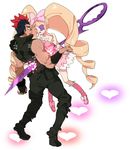  1girl bad_id bad_pixiv_id big_hair black_hair blonde_hair blood boots bow dress drill_hair eyepatch hair_bow harime_nui heart holding_hands impaled kill_la_kill kinagase_tsumugu long_hair mohawk multicolored_hair muscle pink_bow pink_footwear red_hair roco617 scissor_blade smile twin_drills twintails two-tone_hair weapon 