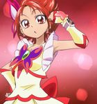  cure_rouge dress earrings eyelashes gradient gradient_background hair_ornament jewelry looking_at_viewer magical_girl manji_(tenketsu) natsuki_rin precure red red_background red_eyes red_hair ribbon short_hair sketch solo spiked_hair wrist_cuffs yes!_precure_5 