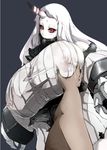  1girl breast_grab breasts claws erect_nipples gigantic_breasts grabbing horn ironblood kantai_collection lactation long_hair male_hand milk_leaking_through_clothing nipples red_eyes seaport_hime white_hair 