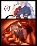  animal_ears blush braid bunny_ears bunny_tail clipboard heart highres inside_creature long_hair multiple_girls pen red_eyes reisen_udongein_inaba silver_hair tail touhou trapped utopia very_long_hair vore wet wet_clothes yagokoro_eirin 