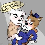  anthro bigthecat blush canine chair clothing copper_(animal_crossing) dog duo english_text fur gun handcuffs hat hoodie k.k._slider male mammal nintendo police ranged_weapon shackles text video_games weapon white_fur 