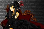  1girl artist_request bare_shoulders black_dress black_hair couch dress elbow_gloves feather feathers female fingerless_gloves flower frills gloves gothic_lolita green_eyes hair_ornament hime_cut j-rock jewelry lolita_fashion long_hair looking_at_viewer mask musician nail_polish pearl sitting solo tattoo text translated wahrheit_(yousei_teikoku) yousei_teikoku yui_(yousei_teikoku) 
