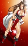  blush breasts brown_eyes brown_hair cleavage full_body gloves highres japanese_clothes large_breasts lips lipstick long_hair makeup pelvic_curtain ponytail revealing_clothes shiranui_mai solo sweat take_(draghignazzo) the_king_of_fighters 