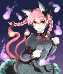  :p animal_ears braid cat_ears cat_tail dress fang fang_out frilled_dress frills highres kaenbyou_rin multiple_tails nobu_baka paw_pose pink_hair red_eyes smile spirit tail tongue tongue_out touhou twin_braids two_tails 