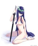  black_hair breasts flower_wreath head_wreath highres kill_la_kill kiryuuin_satsuki long_hair medium_breasts navel no_nipples nude sitting solo sword uri_(uryu002) wariza weapon 